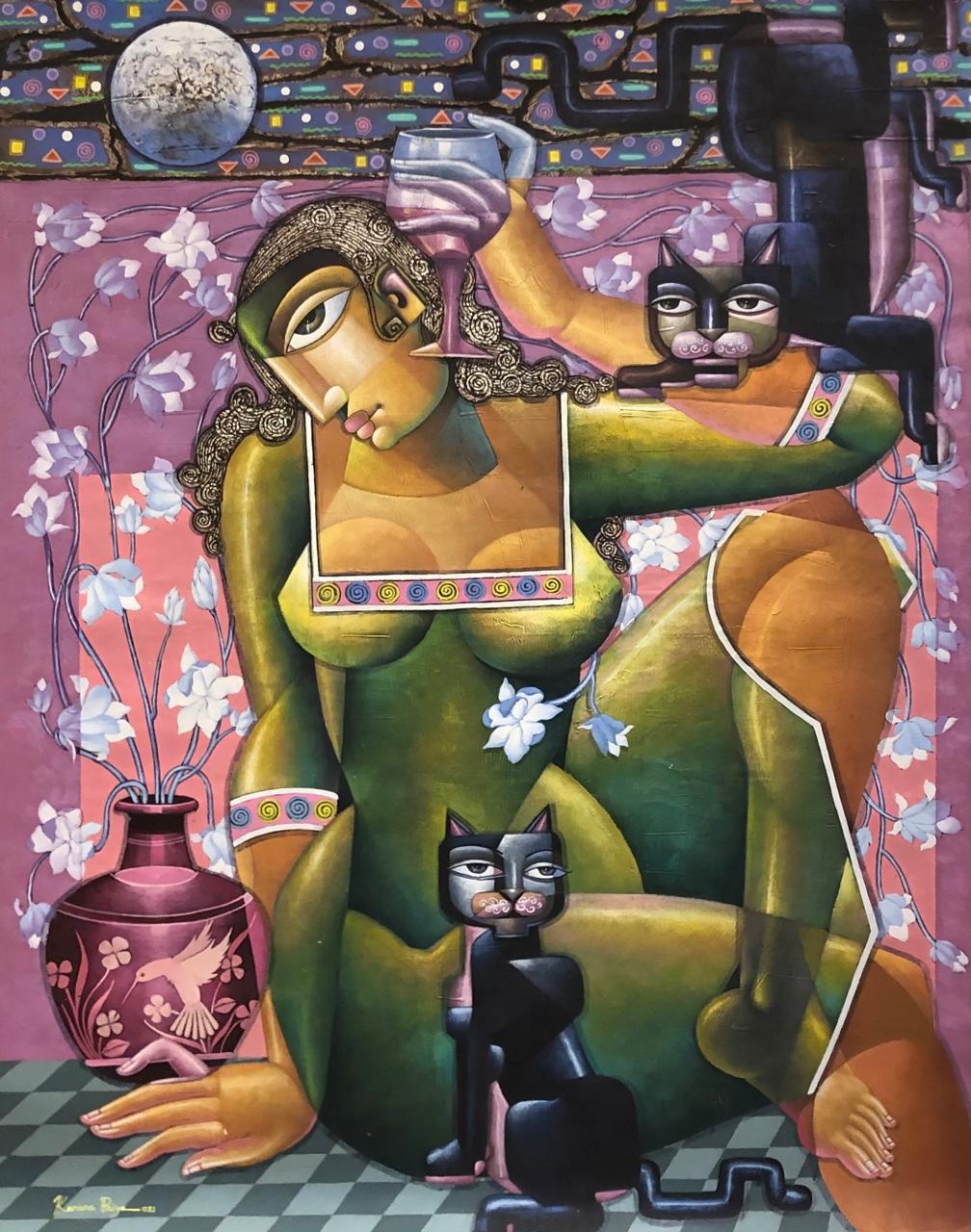 A WOMAN SITTING WITH A WINE GLASS. PERFECT PAINTING FOR A BAR