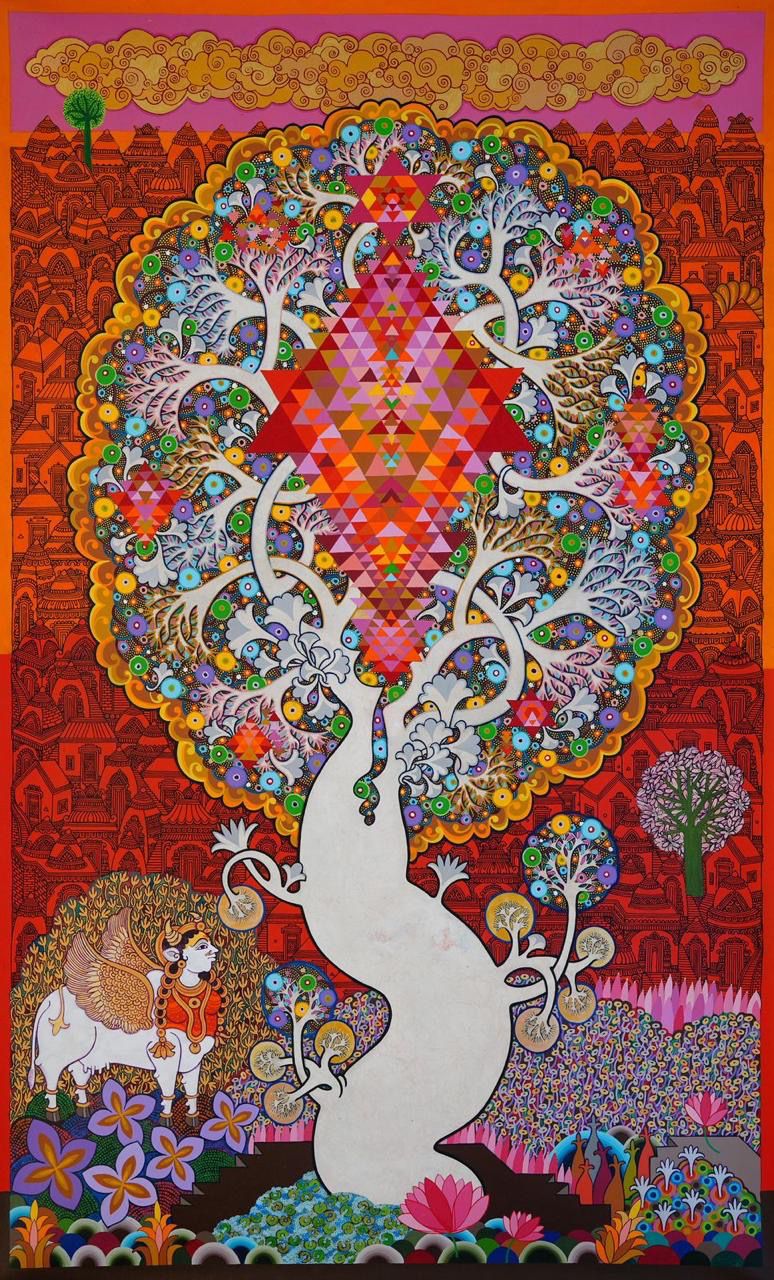Vibrant painting of a sacred stylized white tree centered over a geometric diamond Yantra pattern. Intricate vibrant foliage filled with colorful circular motifs, set against an ornate orange and red cityscape backdrop with Kamadhenu, the winged sacred cow, standing on the lower left.