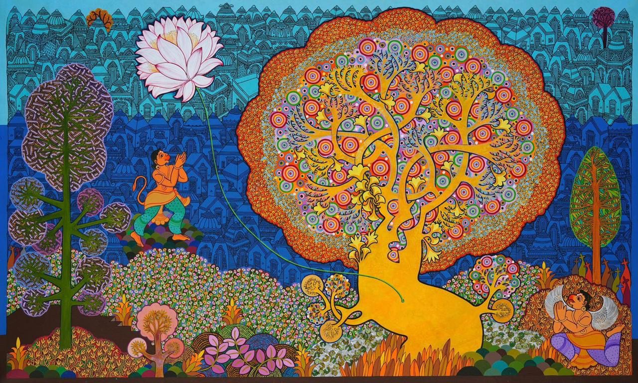 A horizontal contemporary painting dominated by a massive, golden-trunked tree with a wide, glowing orange-red canopy detailed with thousands of colorful concentric circles. To the left, a dynamic figure in yellow and green attire leaps toward a towering pink lotus blossom. To the right, a kneeling winged figure folds hands in reverence. The backdrop features intricately pattern-filled temple rooftops and stylized foliage rendered in vibrant shades of blue, teal, purple, and green
