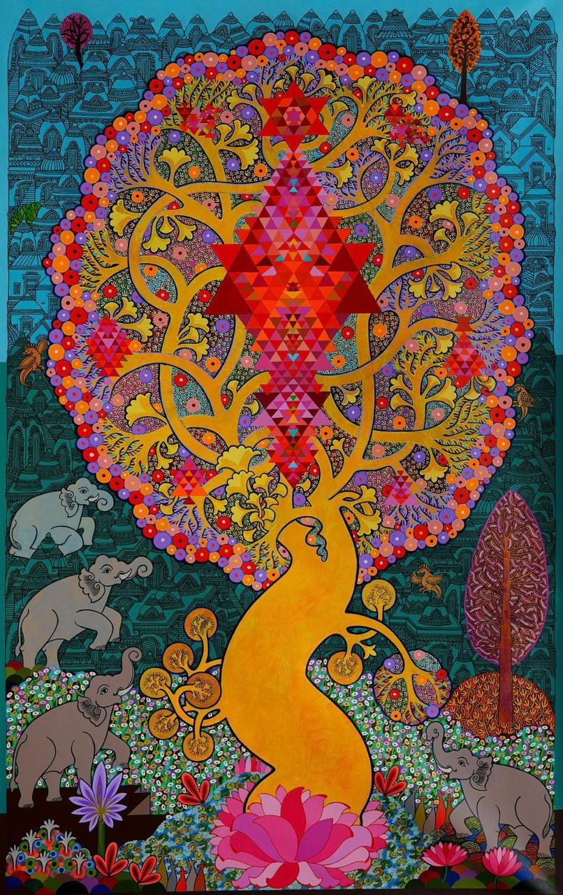 Contemporary Indian folk art painting of a sacred golden Tree of Life with a red Sri Yantra geometric pattern, pink lotus base, and stylized grey elephants in a detailed teal landscape.