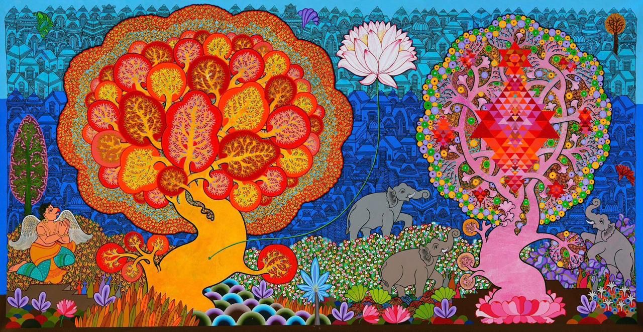 A vibrant Indian contemporary painting of a central golden tree of life with a large orange-red canopy covered in intricate patterns and colorful circles. In the lower left, a figure (likely dynamic depiction of a goddess or heroine) reaches for a large pink lotus flower on a long stem, while a seated figure in prayer (likely a god, potentially Vishnu or a related deity) is in the bottom right, all against a detailed blue background cityscape with smaller trees and foliage